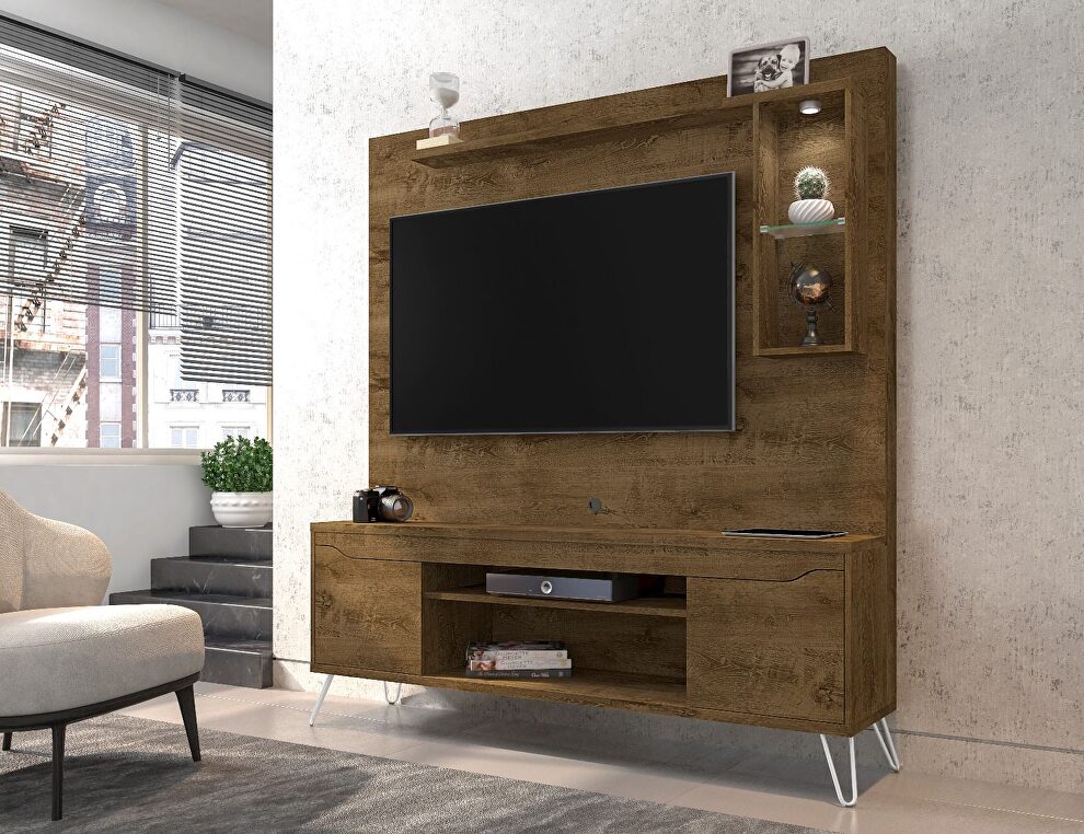 62.99 freestanding mid-century modern entertainment center with led lights and decor shelves in rustic brown by Manhattan Comfort