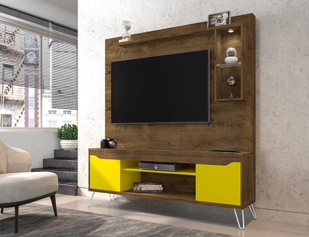 62.99 freestanding mid-century modern entertainment center with led lights and decor shelves in rustic brown and yellow by Manhattan Comfort
