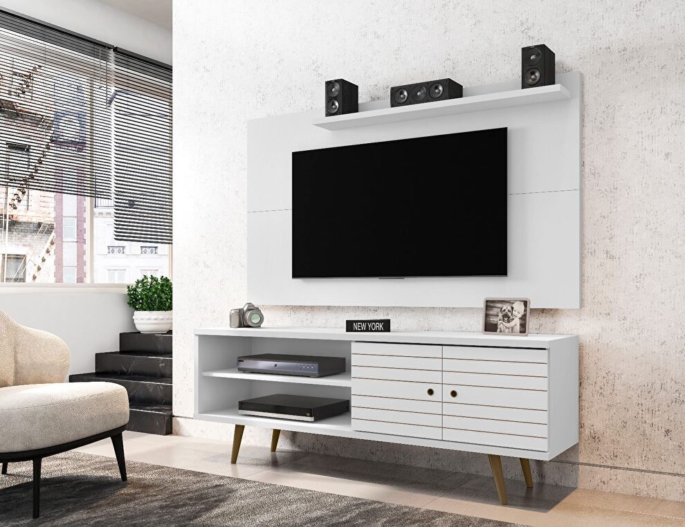 Liberty 62.99 mid-century modern TV stand and panel with solid wood legs in white by Manhattan Comfort