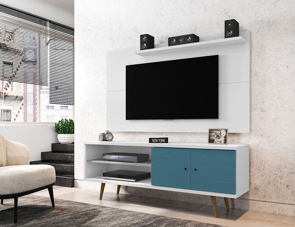 Liberty 62.99 mid-century modern TV stand and panel with solid wood legs in white and aqua blue by Manhattan Comfort