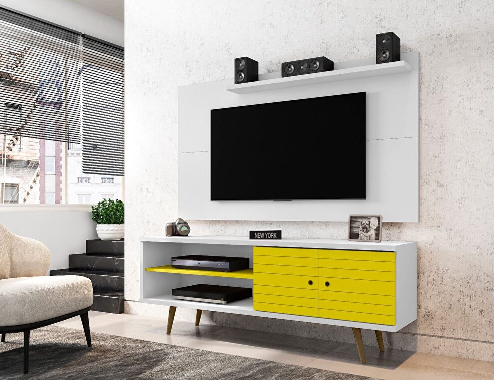 Liberty 62.99 mid-century modern TV stand and panel with solid wood legs in white and yellow by Manhattan Comfort
