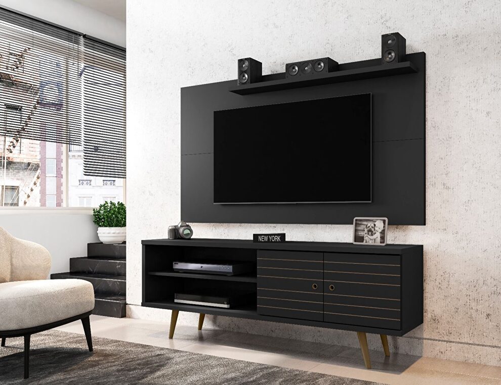 Liberty 62.99 mid-century modern TV stand and panel with solid wood legs in black by Manhattan Comfort