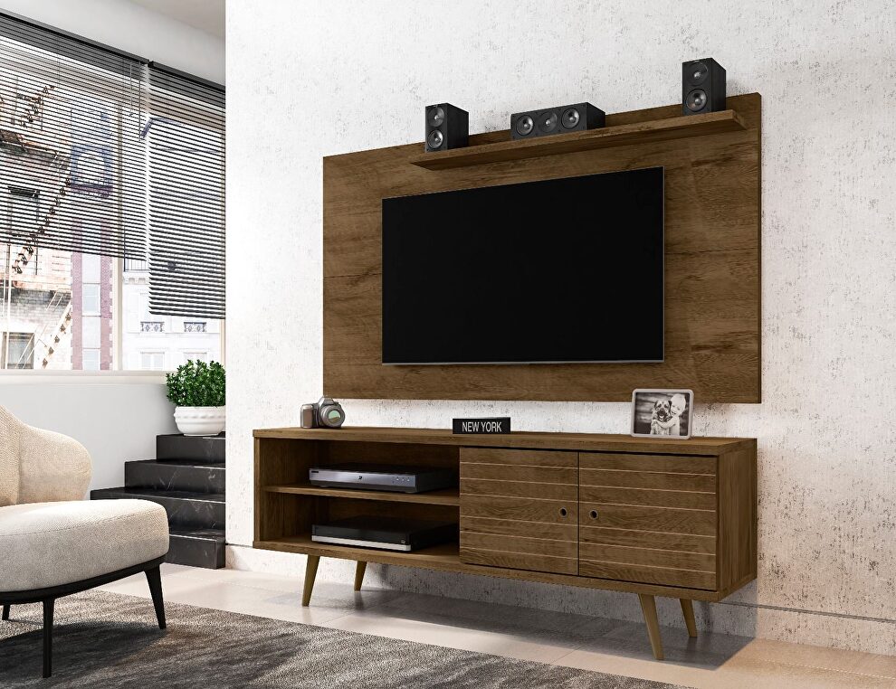 Liberty 62.99 mid-century modern TV stand and panel with solid wood legs in rustic brown by Manhattan Comfort