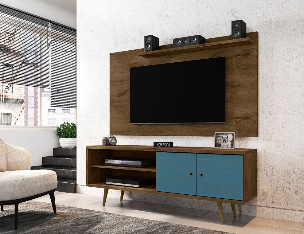 Liberty 62.99 mid-century modern TV stand and panel with solid wood legs in rustic brown and aqua blue by Manhattan Comfort