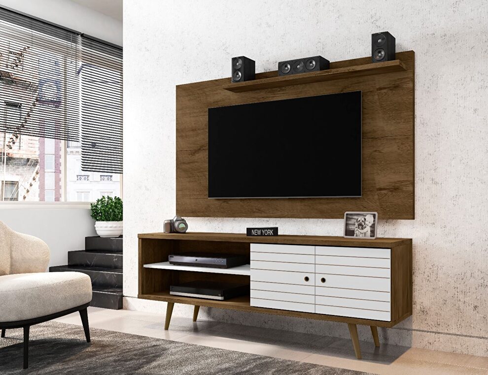 Liberty 62.99 mid-century modern TV stand and panel with solid wood legs in rustic brown and white by Manhattan Comfort