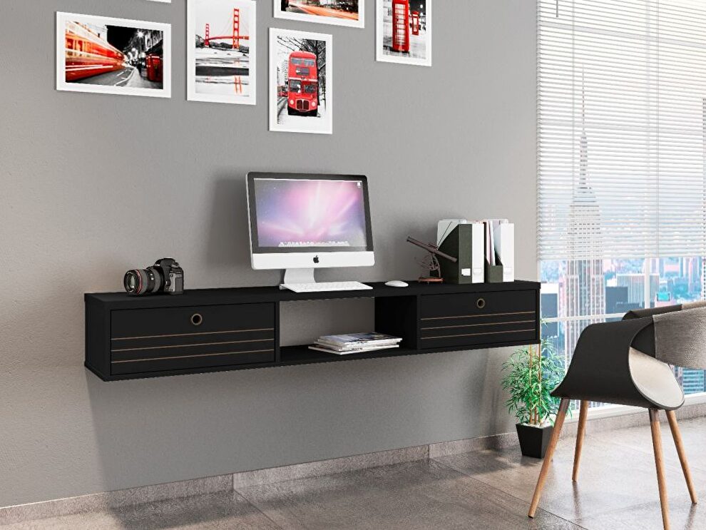 Liberty 62.99 mid-century modern floating office desk with 3 shelves in black by Manhattan Comfort
