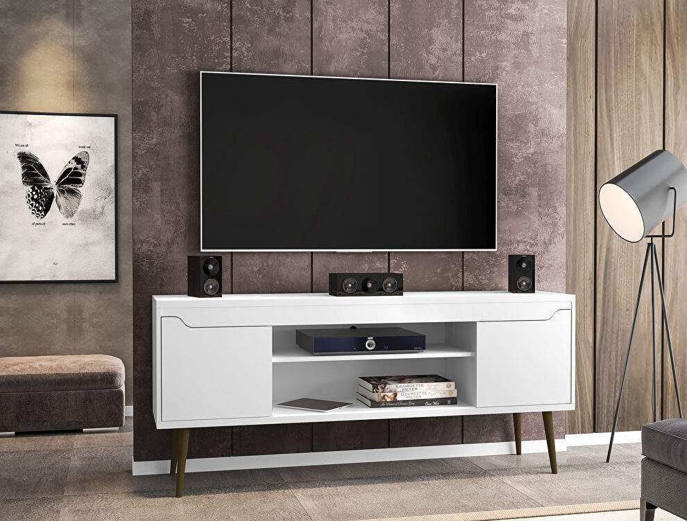 62.99 TV stand white with 2 media shelves and 2 storage shelves in white with solid wood legs by Manhattan Comfort