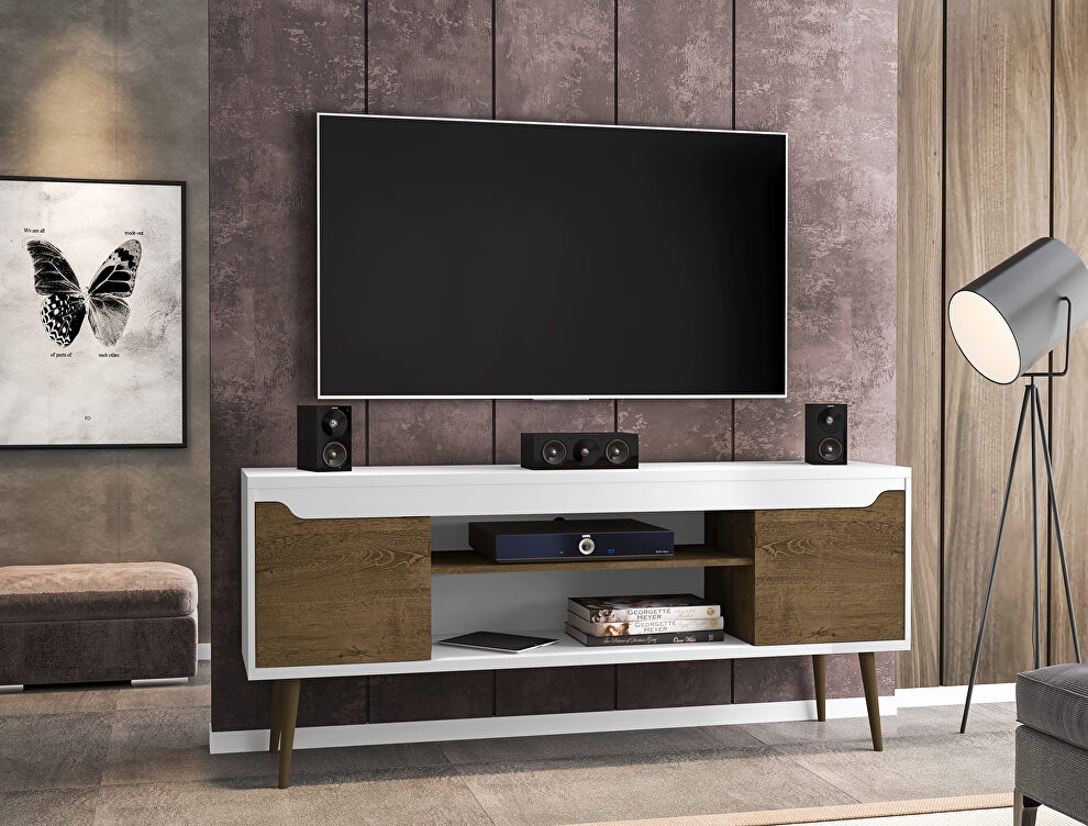 62.99 tv stand white and rustic brown with 2 media shelves and 2 storage shelves in white and rustic brown with solid wood legs by Manhattan Comfort