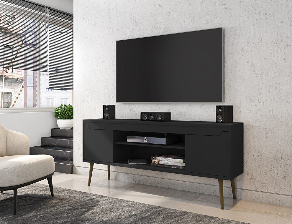 62.99 TV stand black with 2 media shelves and 2 storage shelves in black with solid wood legs by Manhattan Comfort