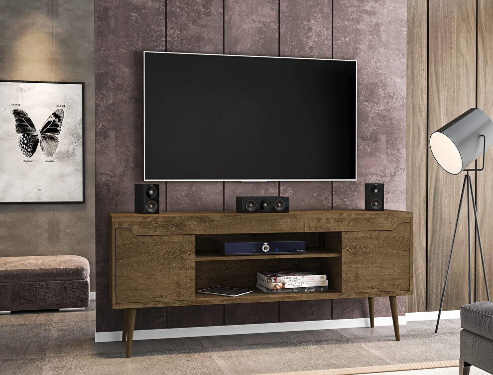 62.99 TV stand rustic brown with 2 media shelves and 2 storage shelves in rustic brown with solid wood legs by Manhattan Comfort