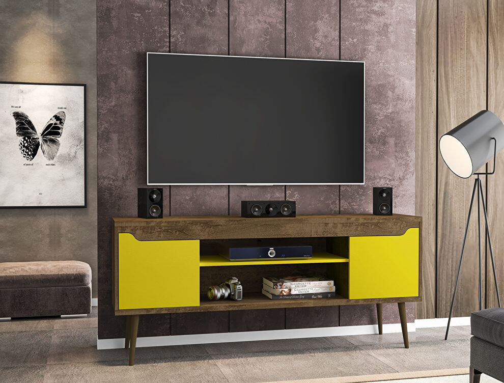 62.99 TV stand rustic brown and yellow with 2 media shelves and 2 storage shelves in rustic brown and yellow with solid wood legs by Manhattan Comfort