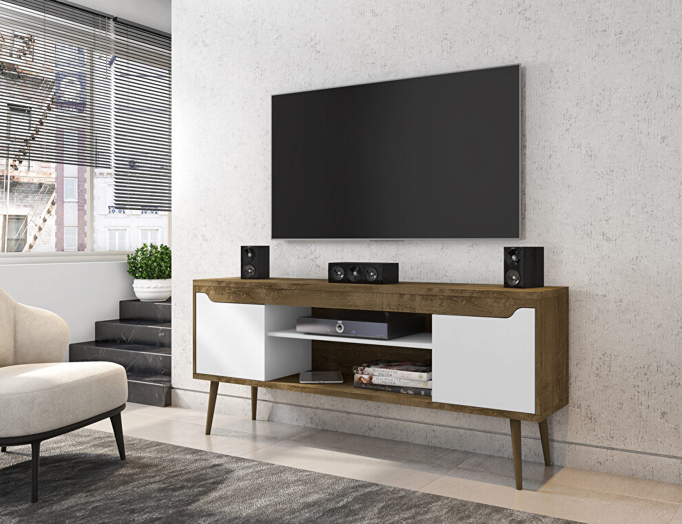 62.99 TV stand rustic brown and white with 2 media shelves and 2 storage shelves in rustic brown and white with solid wood legs by Manhattan Comfort