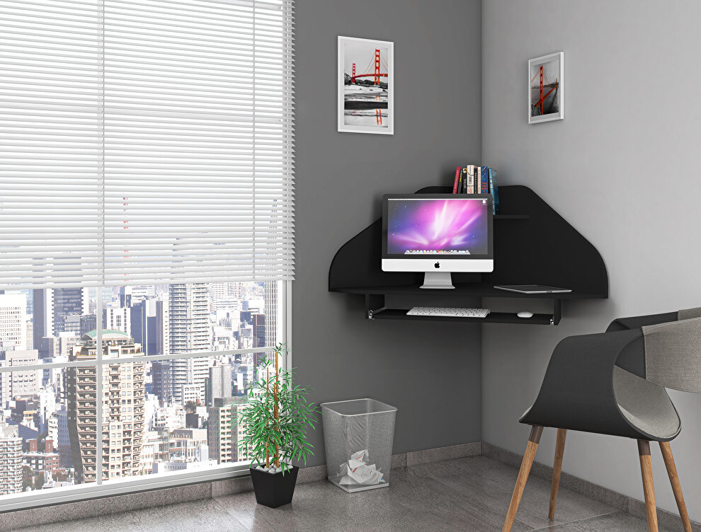 Corner desk with keyboard shelf in black by Manhattan Comfort