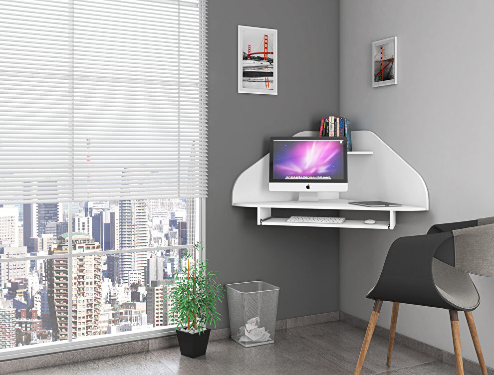 Floating corner desk with keyboard shelf in white by Manhattan Comfort