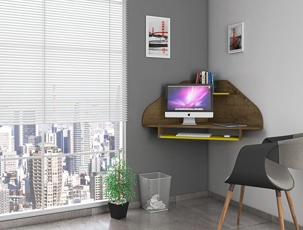 Floating corner desk with keyboard shelf in rustic brown and yellow by Manhattan Comfort