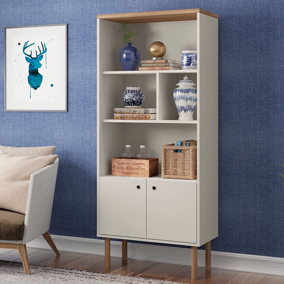 Modern display bookcase cabinet with 5 shelves in off white and nature by Manhattan Comfort