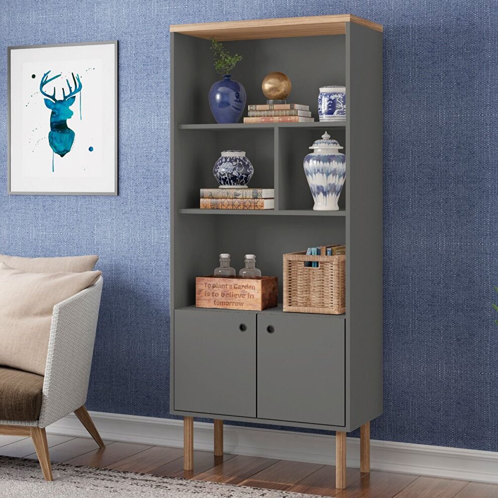 Modern display bookcase cabinet with 5 shelves in gray and nature by Manhattan Comfort