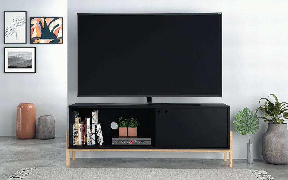 55.12 tv stand with 2 shelves in black and oak by Manhattan Comfort