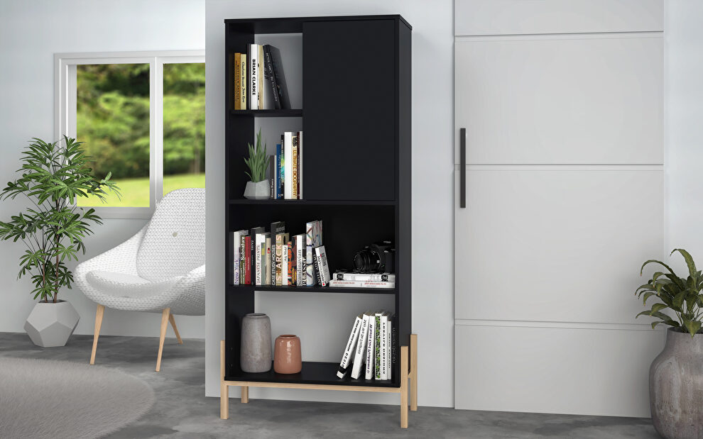 Bookcase with 5 shelves in black and oak by Manhattan Comfort