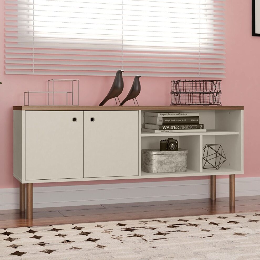 53.54 modern TV stand with media shelves and solid wood legs in off white and nature by Manhattan Comfort