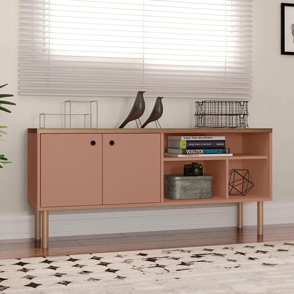 53.54 modern TV stand with media shelves and solid wood legs in ceramic pink and nature by Manhattan Comfort