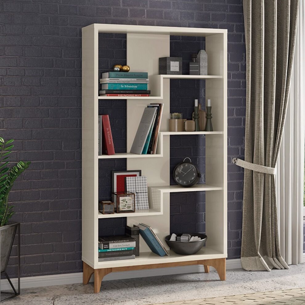 Geometric modern bookcase with 4 shelves in off white by Manhattan Comfort