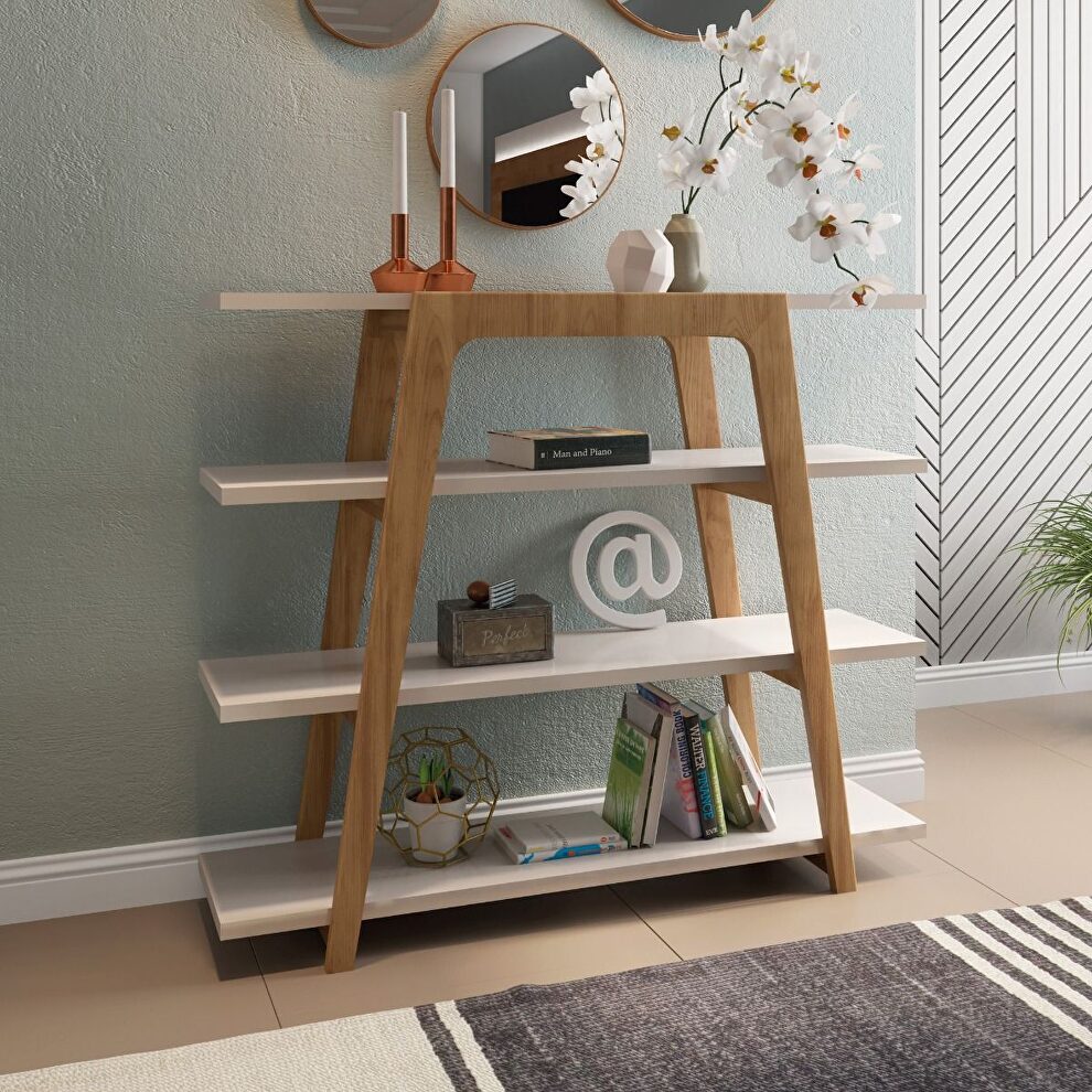 Geometric 47.24 modern ladder bookcase with 4 shelves in off white by Manhattan Comfort