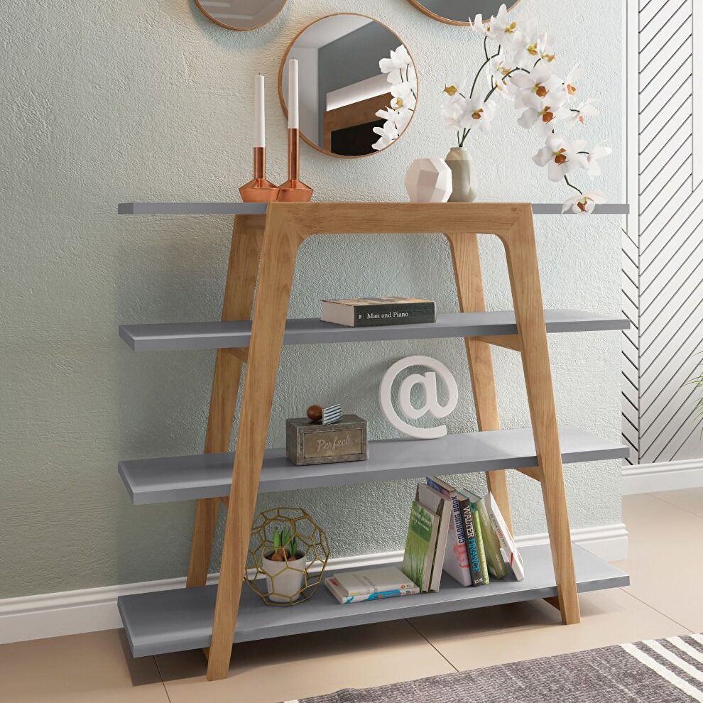 Geometric 47.24 modern ladder bookcase with 4 shelves in gray by Manhattan Comfort