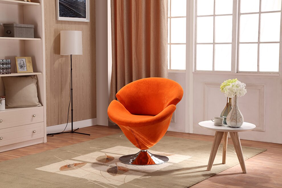 Orange and polished chrome velvet swivel accent chair by Manhattan Comfort