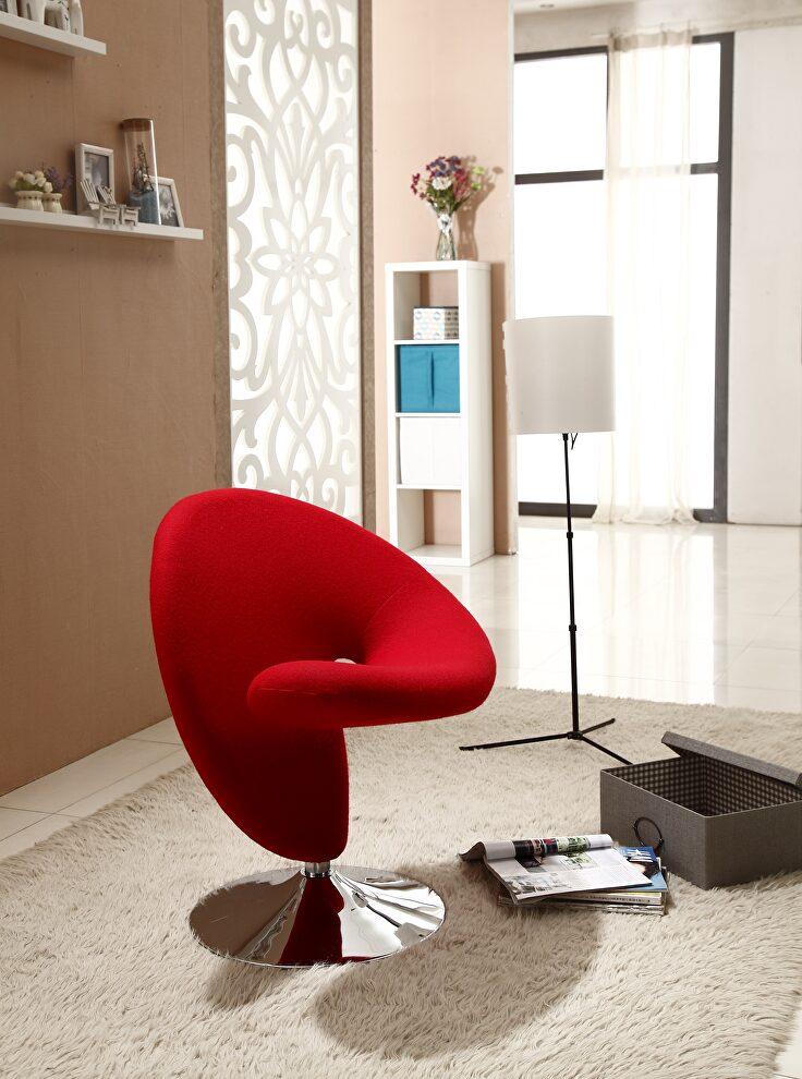 Red and polished chrome wool blend swivel accent chair by Manhattan Comfort