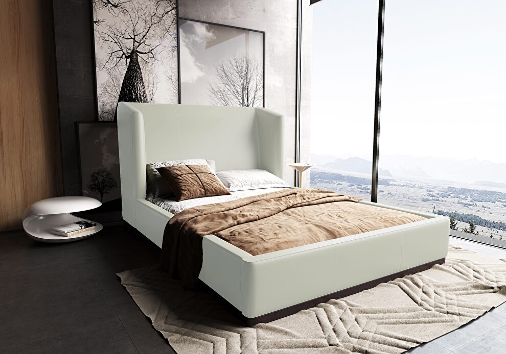Cream faux leather upholstery queen bed by Manhattan Comfort