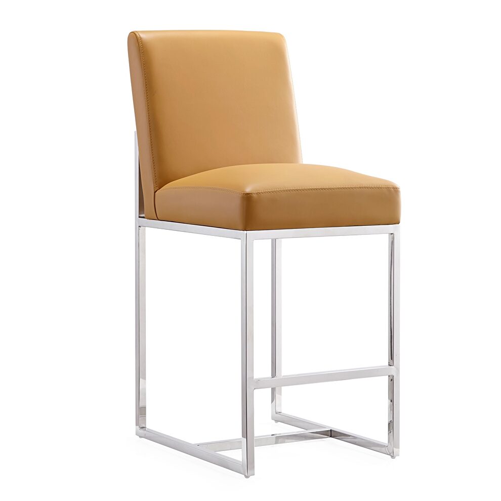 Camel and polished chrome stainless steel counter height bar stool by Manhattan Comfort