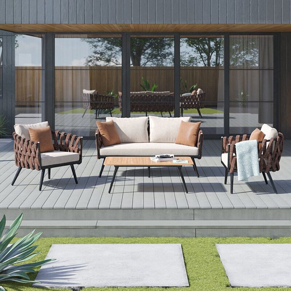 4-piece metal patio conversation set with brown and white cushions by Manhattan Comfort