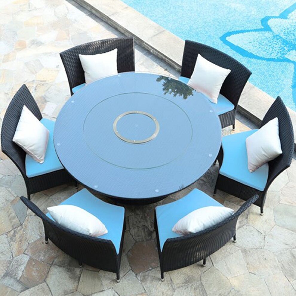Black 7-piece rattan outdoor dining set with sky blue and white cushions by Manhattan Comfort