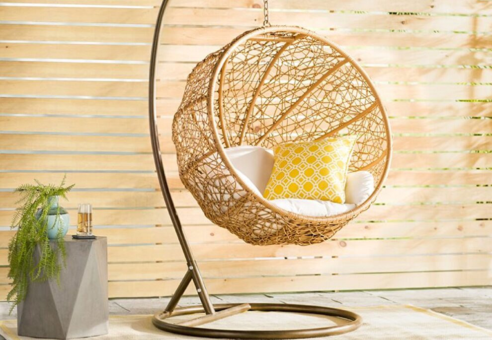 Metal and rattan hanging lounge egg patio swing with cream cushion by Manhattan Comfort