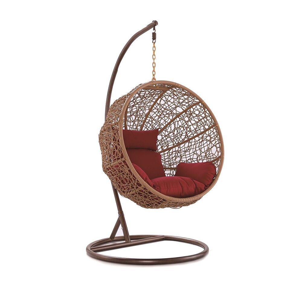 Metal and rattan hanging lounge egg patio swing with red cushion by Manhattan Comfort