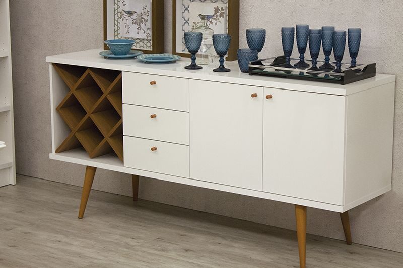 4 bottle wine rack sideboard buffet stand with 3 drawers and 2 shelves in white gloss and maple cream by Manhattan Comfort