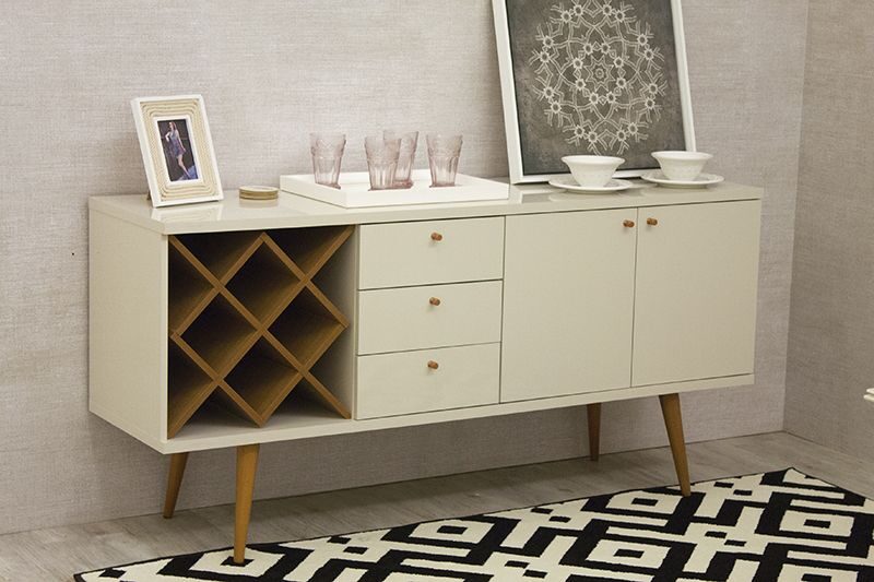 4 bottle wine rack sideboard buffet stand with 3 drawers and 2 shelves in off white and maple cream by Manhattan Comfort