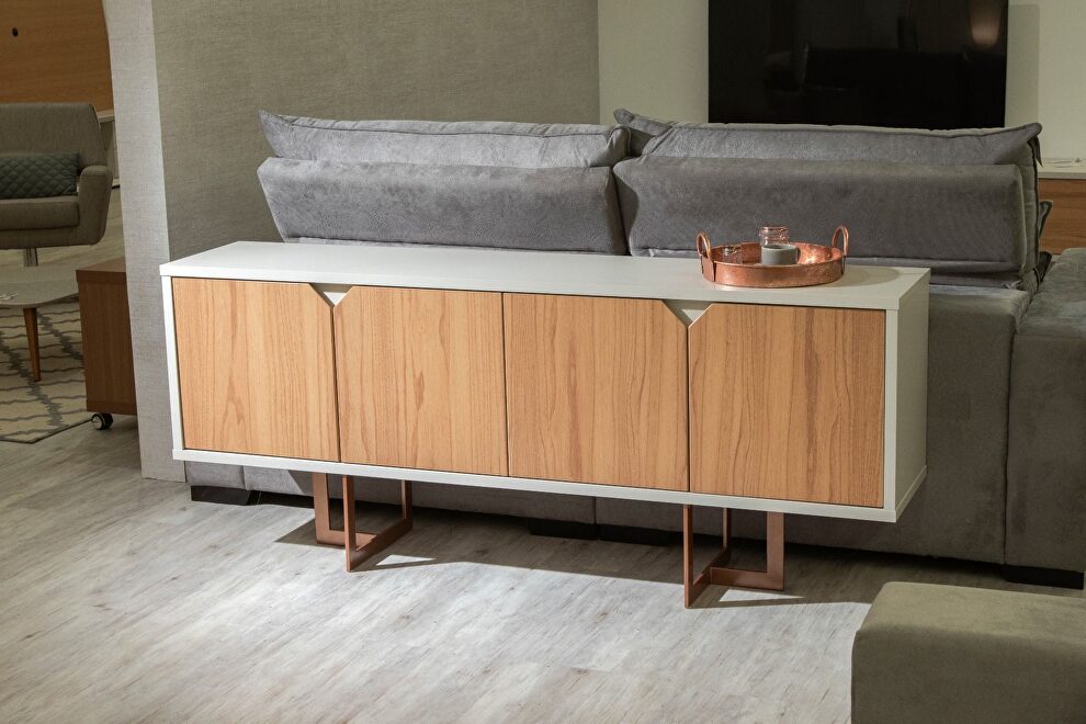 71.25 modern sideboard with 6 shelves and steel base in cinnamon and off white by Manhattan Comfort