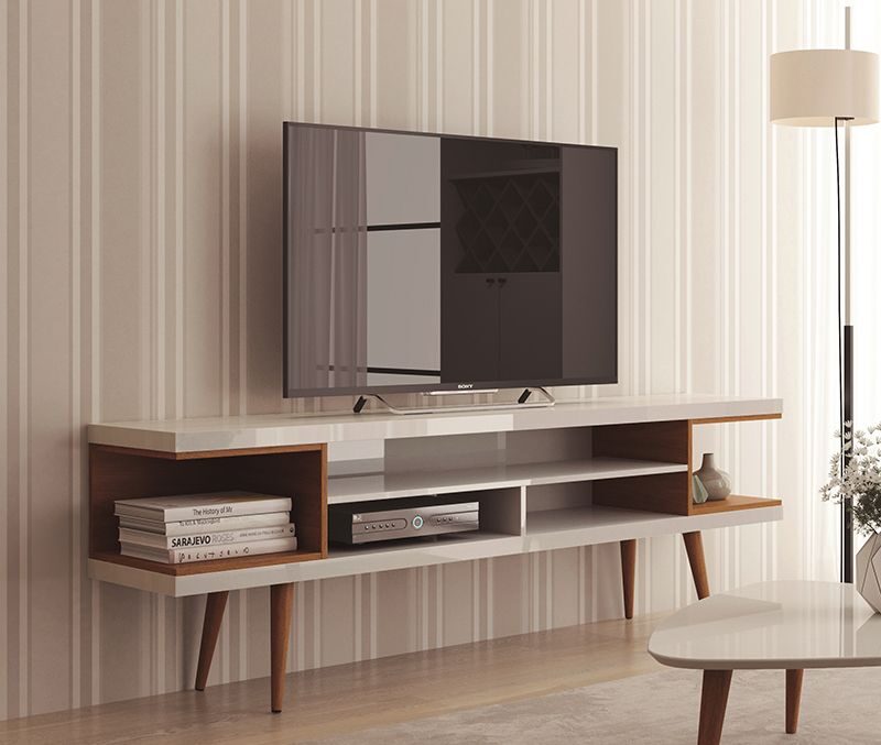 70.47 TV stand with splayed wooden legs and 4 shelves in white gloss and maple cream by Manhattan Comfort