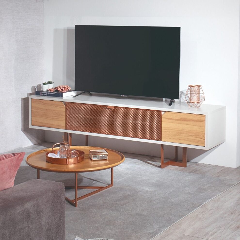 81.1 modern TV stand with grated steel flip down door and steel base in cinnamon and off white by Manhattan Comfort