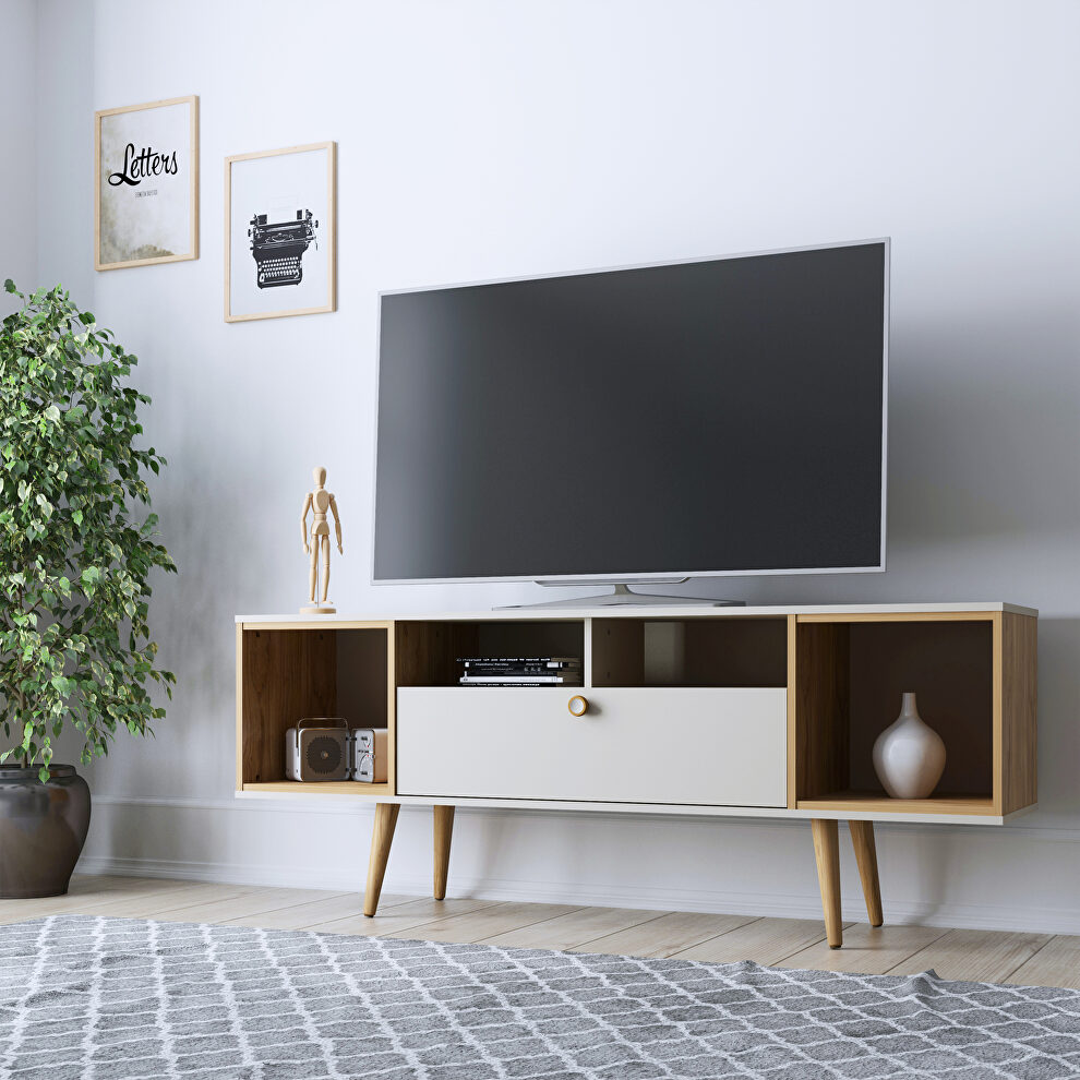 Tv stand with 6 shelves in off white and cinnamon by Manhattan Comfort