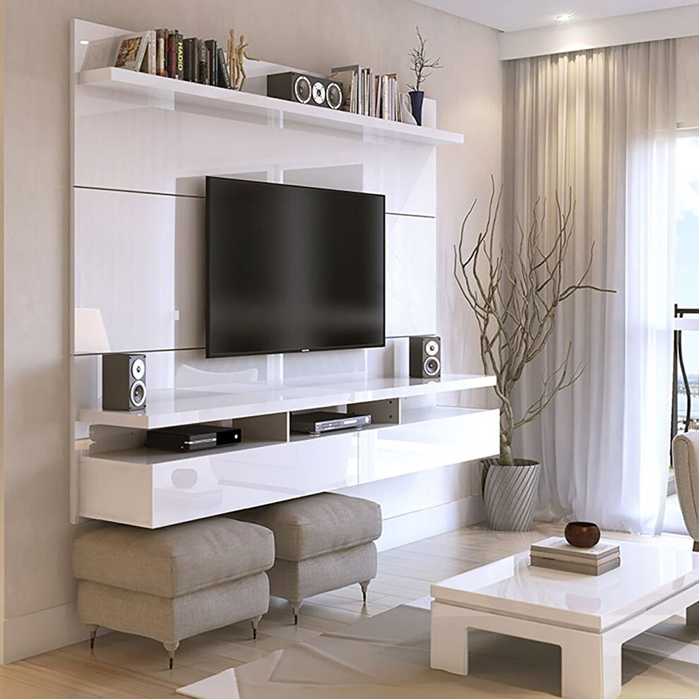 62.99 modern floating entertainment center with media shelves in white gloss by Manhattan Comfort