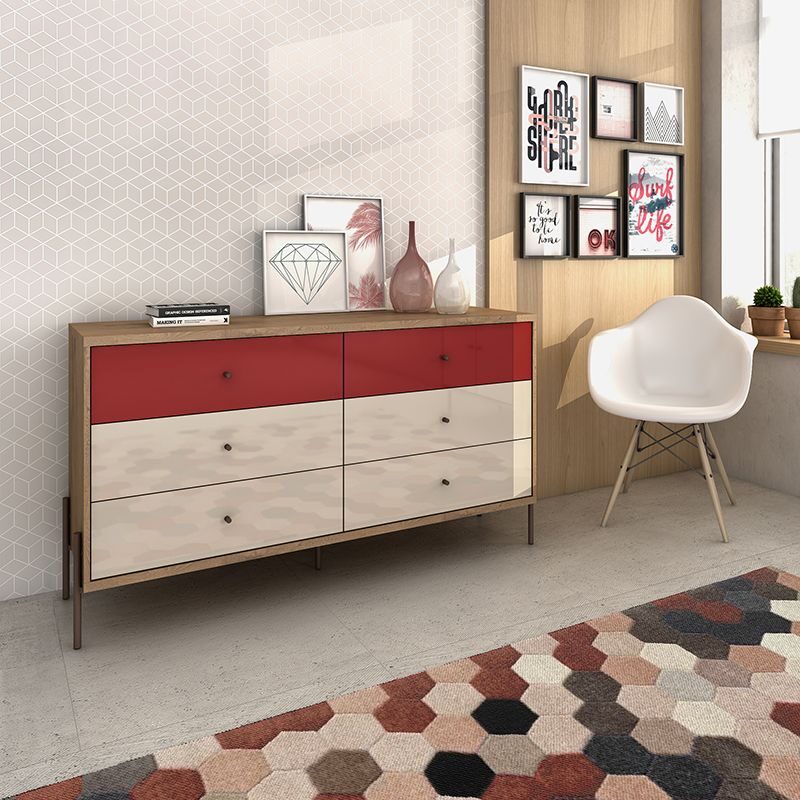 59 wide double dresser with 6 full extension drawers in red and off white by Manhattan Comfort