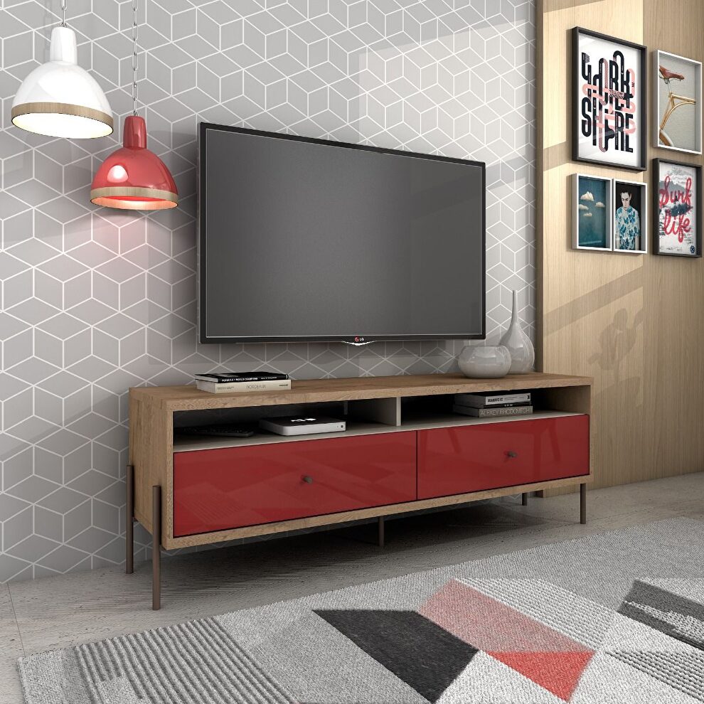 Joy 59 TV stand with 2 full extension drawers in red and off white by Manhattan Comfort