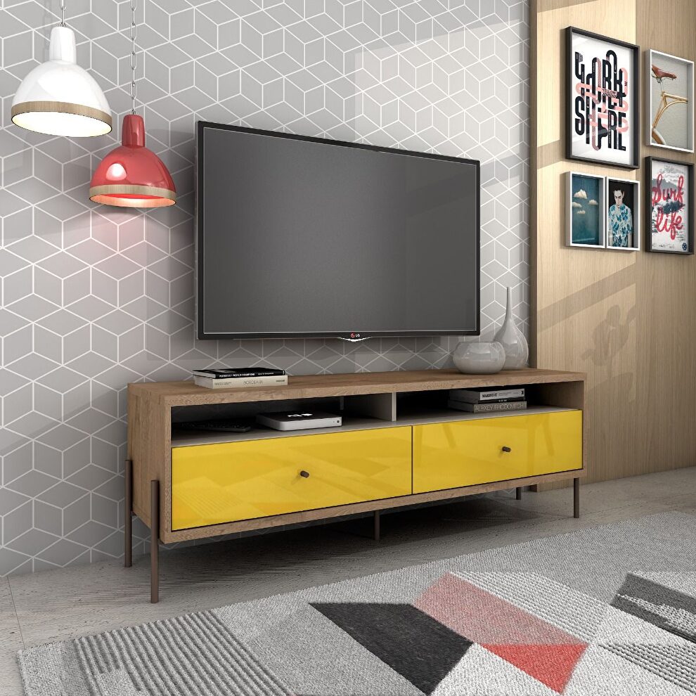 Joy 59 TV stand with 2 full extension drawers in yellow and off white by Manhattan Comfort
