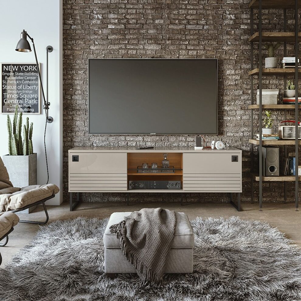 70.47 modern TV stand with media shelves and steel legs in off white and wood by Manhattan Comfort