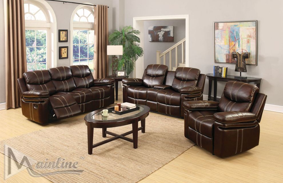 Double-stitched brown leather recliner sofa by Mainline