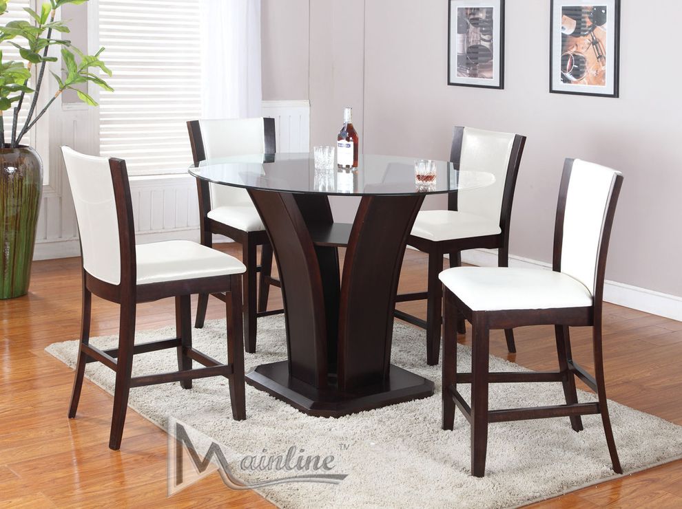 Contemporary bar height two-toned round dining set w/ white chairs by Mainline