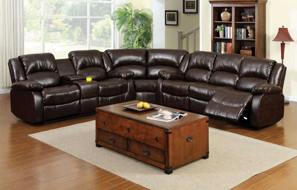Dark brown bonded leather theater seating sectional by Furniture of America